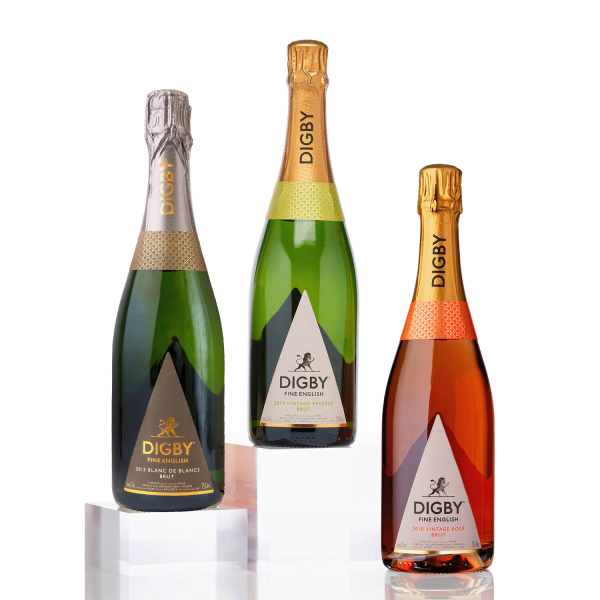 Digby's Vintage Trio: bottles of 2013 Blanc de Blancs Brut, 2014 Vintage Reserve Brut, 2018 Vintage Rosé Brut).