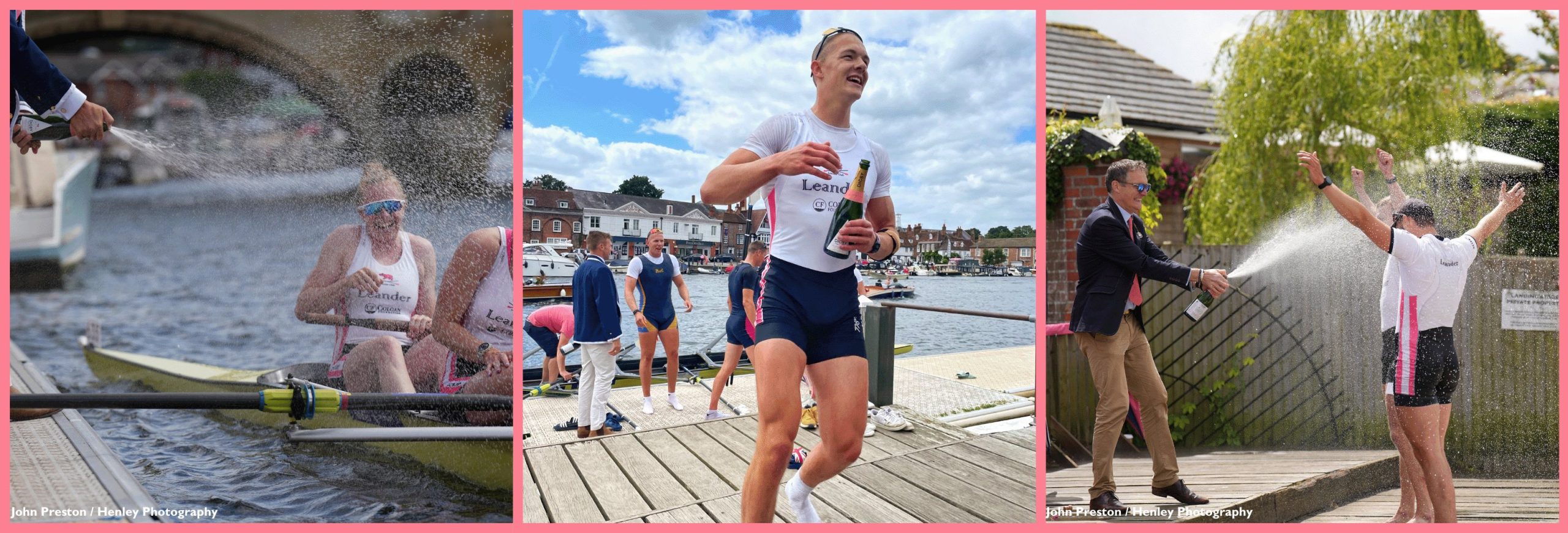 Leander athletes celebrating wins from their boats with bottles of Digby's Leander Pink